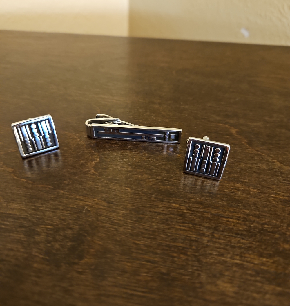 Speidel Silver and Black Retro Geometric Cufflinks with Matching Tie Bar